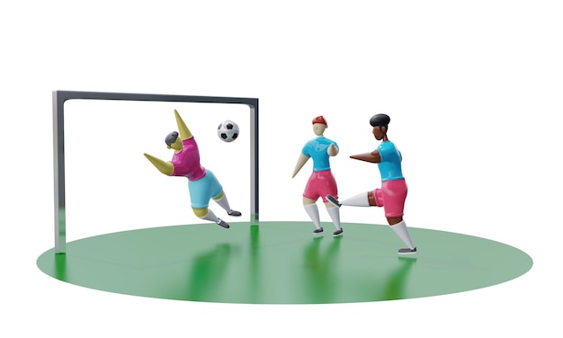 rendering 3D I giocatori di calcio con diversi peli della pelle e nazionalità segnano la palla in porta sul campo Gioco di calcio