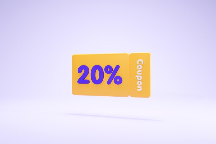 Foto rendering 3d icona simboli coupon 20 di sconto vista laterale colore giallo dello sfondo