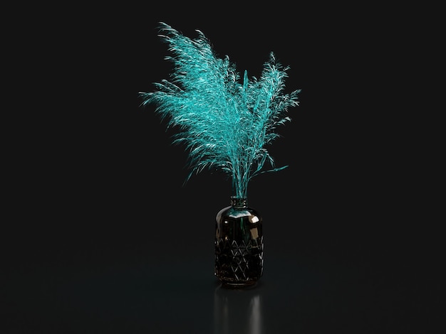 rendering 3d Il vaso di fiori blu si illumina al buio con il neon al centro della retroonda