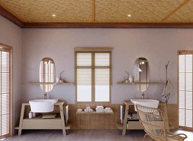 rendering 3d illustrazione 3d Scena interna e mockup bagno in stile scandinavo rendering 3d mobili in legno naturale