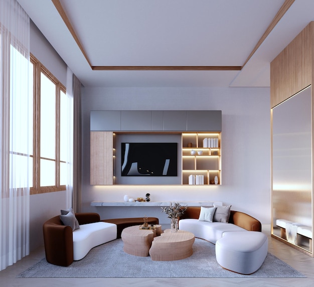 rendering 3d illustrazione 3d Scena interna e mockup Soggiorno divano curvo piano circolare parete divisoria in vetro bordo in legno