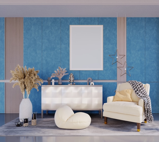 Rendering 3d, illustrazione 3d, scena interna e modello di cornice, soggiorno, parete di carta da parati blu mare Mobili bianco crema Visualizza una grande cornice sopra lo scaffale.