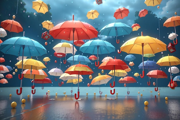 Rendering 3D in stile cartone animato di ombrelli e nuvole con pioggia nel concetto di stagione delle piogge