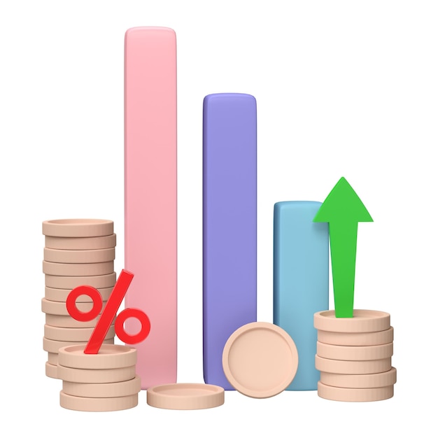 Rendering 3D Infografica aziendale con diagrammi di borsa e grafico a barre statistiche isolato su sfondo bianco Grafici e grafici di linee finanziarie per presentazione e report finanziari