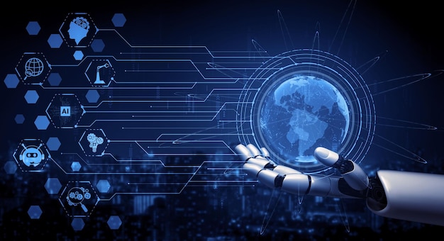 Rendering 3D intelligenza artificiale Ricerca AI dello sviluppo di robot e cyborg per il futuro delle persone che vivono Progettazione di tecnologia di data mining digitale e apprendimento automatico per il cervello del computer