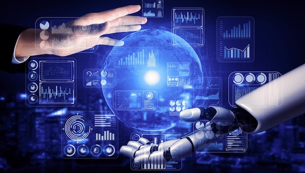 Rendering 3D intelligenza artificiale Ricerca AI dello sviluppo di robot e cyborg per il futuro delle persone che vivono Progettazione di tecnologia di data mining digitale e apprendimento automatico per il cervello del computer