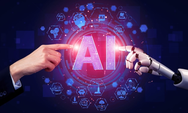 Rendering 3D intelligenza artificiale Ricerca AI di sviluppo di robot e cyborg per il futuro delle persone che vivono Data mining digitale e progettazione della tecnologia di apprendimento automatico per il cervello del computer