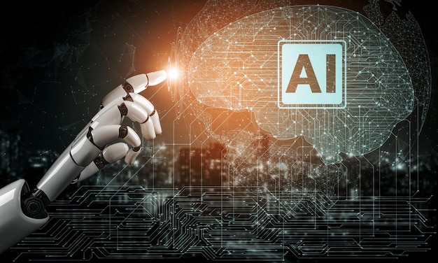 Rendering 3D intelligenza artificiale Ricerca AI di sviluppo di robot e cyborg per il futuro delle persone che vivono Data mining digitale e progettazione della tecnologia di apprendimento automatico per il cervello del computer
