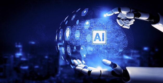 Rendering 3D intelligenza artificiale Ricerca AI di sviluppo di robot e cyborg per il futuro delle persone che vivono Data mining digitale e progettazione della tecnologia di apprendimento automatico per il cervello del computer
