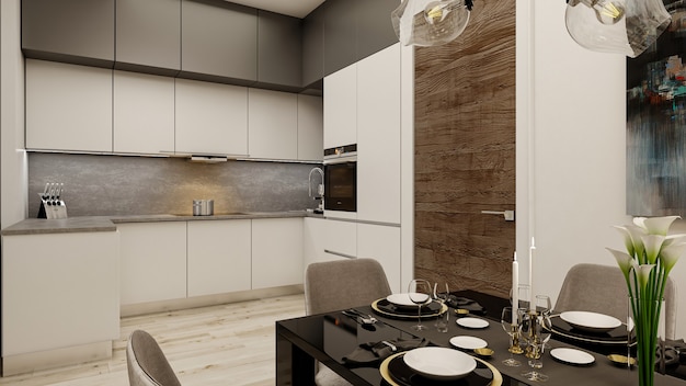 Rendering 3D interior design della cucina