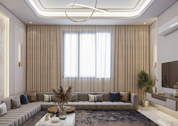 Rendering 3D interior design di lusso neoclassico del soggiorno