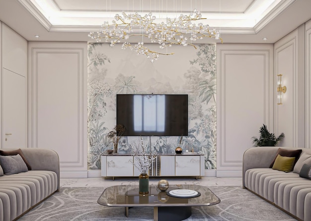 Rendering 3D Interior design neoclassico del salotto