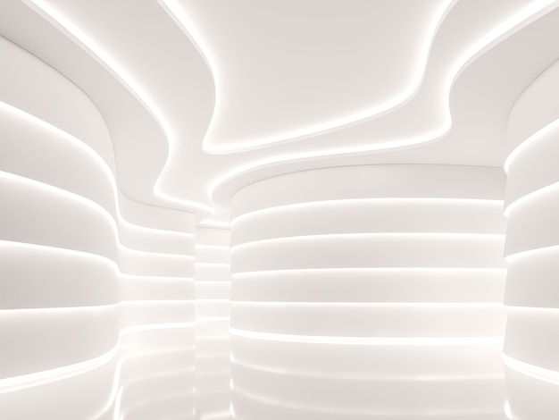 Rendering 3d interni moderni dello spazio bianco, ci sono pareti curve decorate con luce nascosta.