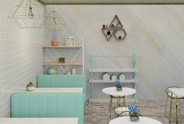 Rendering 3D interno cafe Divano in velluto verde nella caffetteria