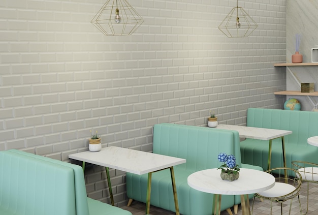 Rendering 3D interno cafe Divano in velluto verde nella caffetteria