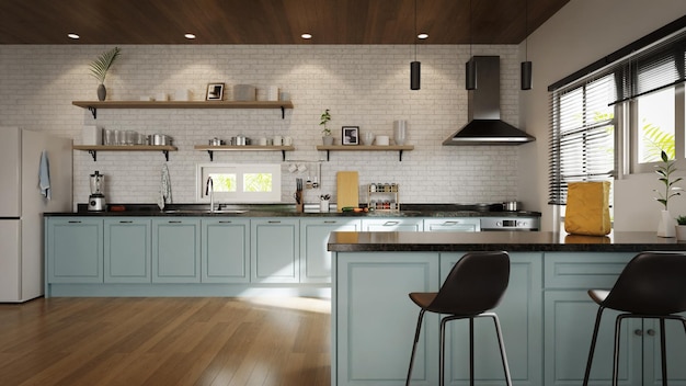 rendering 3d interno della cucina del muro di mattoni bianchi