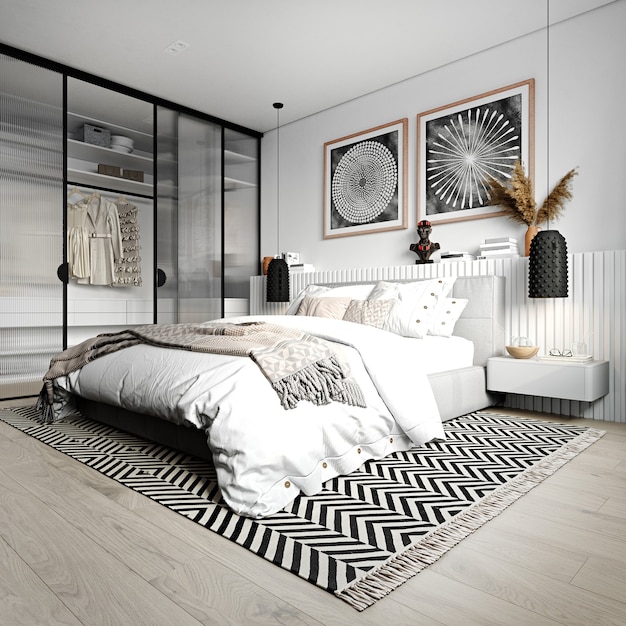 rendering 3D. Interno moderno della camera da letto in stile africano.