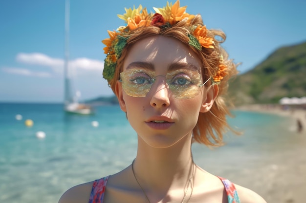 Rendering 3D iper realistico di una donna attraente su una spiaggia estiva