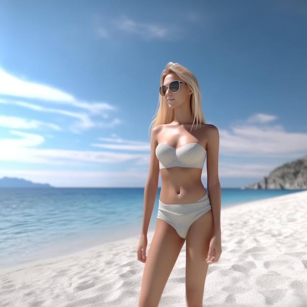 Rendering 3D iper realistico di una donna attraente su una spiaggia estiva