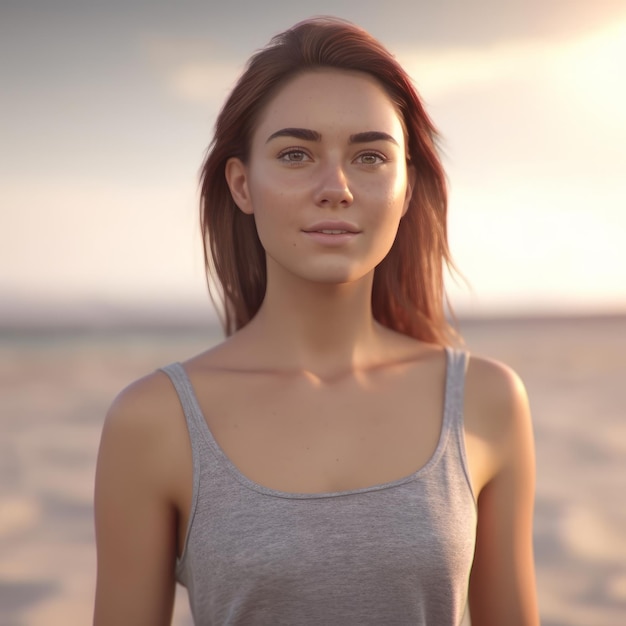 Rendering 3D iper realistico di una donna attraente su una spiaggia estiva