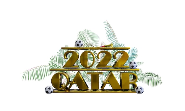 rendering 3d Iscrizione dorata Qatar 2022 su sfondo bianco Intorno a piante verdi e palloni Coppa del mondo di calcio