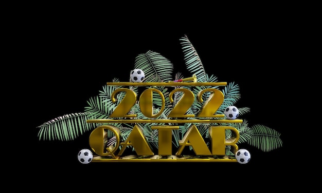 rendering 3d Iscrizione dorata Qatar 2022 su sfondo nero Intorno a piante verdi e palloni Coppa del mondo di calcio