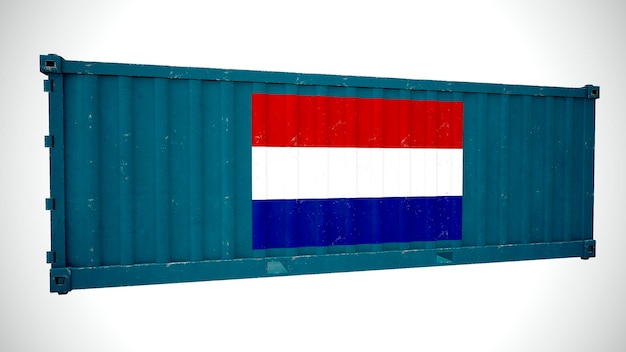 Rendering 3d isolato spedizione container per carichi marittimi strutturato con bandiera nazionale dei Paesi Bassi