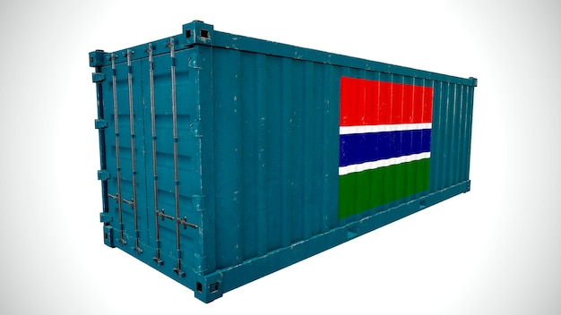 Rendering 3d isolato spedizione container per carichi marittimi testurizzati con bandiera nazionale del Gambia