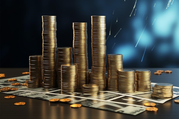 Rendering 3D Le pile di denaro si trasformano in un grafico aziendale con frecce