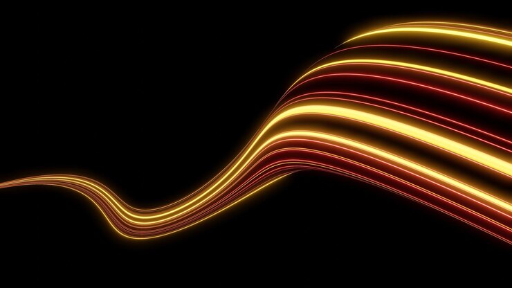 Rendering 3D linea di movimento di velocità e potenza o scie luminose Luce ad alta velocità con raggio di movimento della curva Tecnologia 5G Sfondo veloce e futuristico Sfocatura movimento astratta