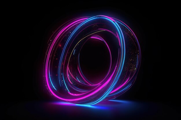 Rendering 3d linee al neon blu rosa arrotondate che si illuminano al buio IA generativa minimalista astratto