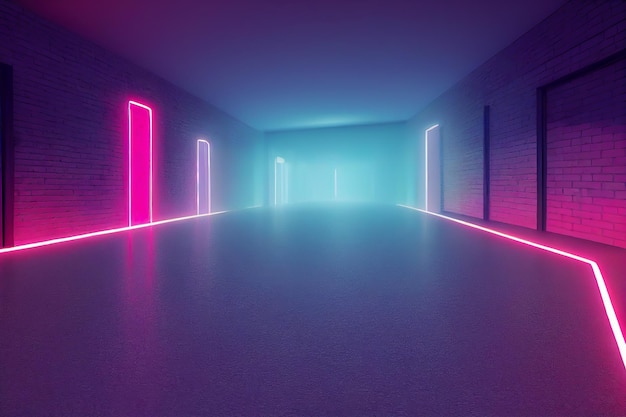 Rendering 3D, linee neon blu rosa, forme geometriche, spazio virtuale, luce ultravioletta, stile anni '80,