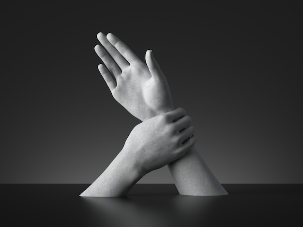 Rendering 3D, linguaggio dei segni, mani di manichino isolate. Limitazione o forzare o arrestare la metafora.