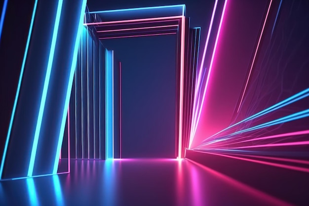 rendering 3d luce al neon sfondo ultravioletto astratto linee d'ardore dinamiche raggi laser blu rosa sfondo del palcoscenico di moda