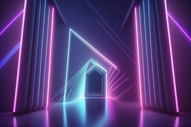 rendering 3d luce al neon sfondo ultravioletto astratto linee d'ardore dinamiche raggi laser blu rosa sfondo del palcoscenico di moda