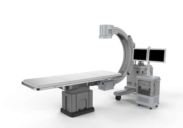 Rendering 3D macchina C-Arm con monitor su sfondo bianco