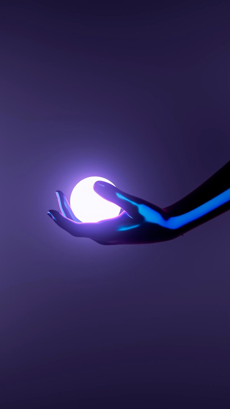 Rendering 3d mano che tiene la sfera magica illuminata Scena astratta della stanza buia Creativa