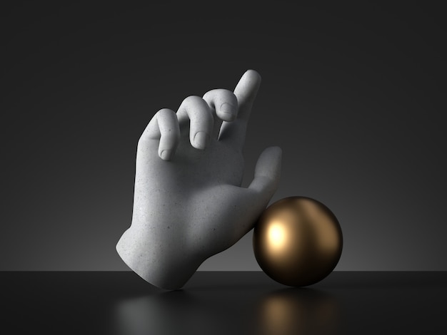 Rendering 3D, mano di manichino e palla d'oro. Oggetto d'arte scultura.