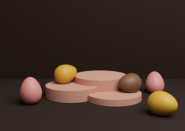 Rendering 3D marrone del prodotto a tema pasquale espositore per podio composizione uova colorate minime