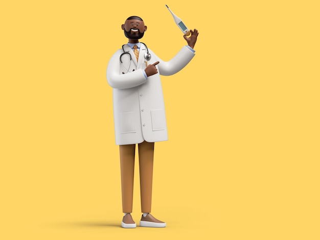 Rendering 3d Medico africano del personaggio dei cartoni animati con stetoscopio e termometro