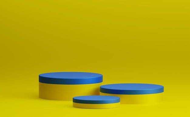 Rendering 3D minimo superficie blu giallo triplo cilindro prodotto podio vetrina sfondo vuoto il