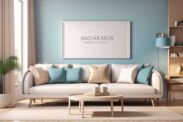 Rendering 3D mock up frame in soggiorno con divano