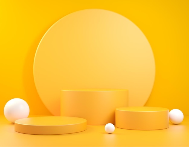 Rendering 3d Mockup Display a gradino giallo di base con set di visualizzazione Sfondo astratto