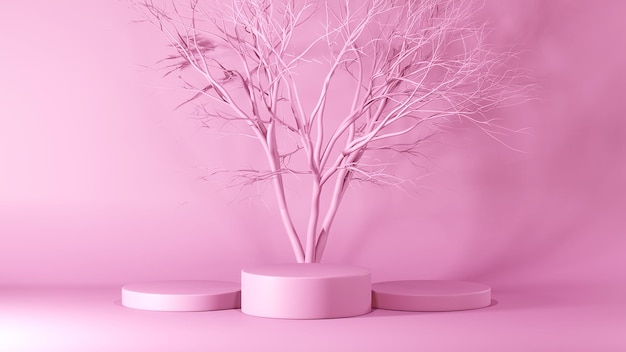 rendering 3d Mockup podio e rosa rami di albero secco scena Immagini Sfondo astratto