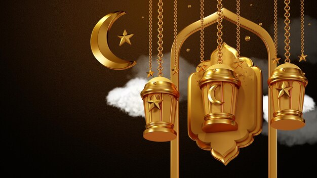 Rendering 3D Modello Design Ramadan Kareem Lanterns lampade color oro religione islamica