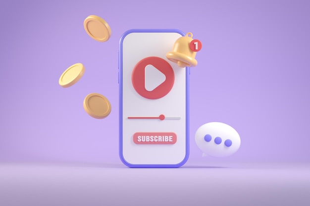 Rendering 3d Modern Minimal Player Vdo Multimedia Abbonati al concetto passivo sull'app per telefoni cellulari Sfondi di illustrazioni pastello viola