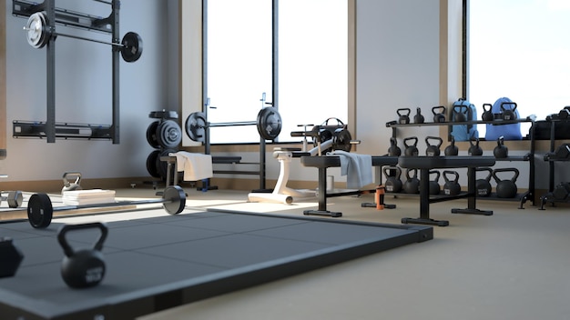 rendering 3d Moderna palestra leggera Attrezzature sportive in palestra Bilancieri di peso diverso su rack