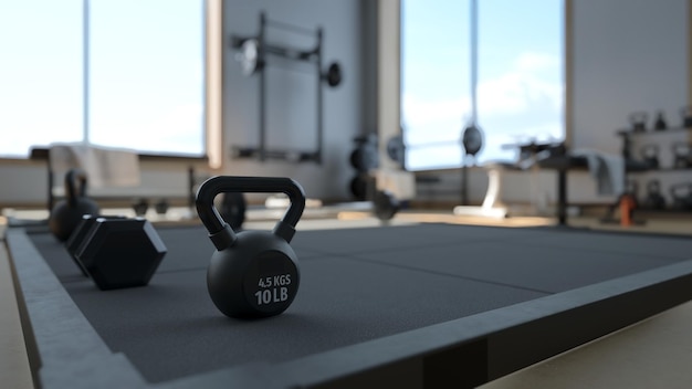 rendering 3d Moderna palestra leggera Attrezzature sportive in palestra Bilancieri di peso diverso su rack