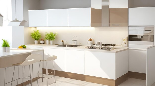 Rendering 3d moderno bancone da cucina con design bianco e beige
