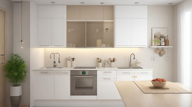 Rendering 3d moderno bancone da cucina con design bianco e beige